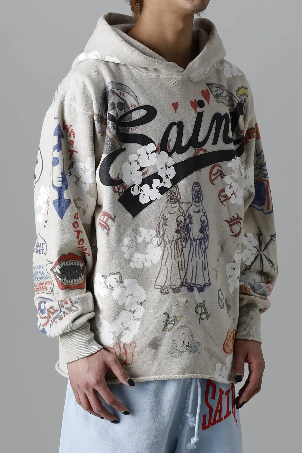 DENIM TEARS × ©SAINT M×××××× "SAINT TEARS" Graffiti Hoodie Joint Model Cotton Graffiti Hoodie Fully Printed Washed Distressed Holes Vintage Sweatshirt Gray S-XL Super Heavy Duty! The whole piece is printed with 35 screens and counterpoint printing!